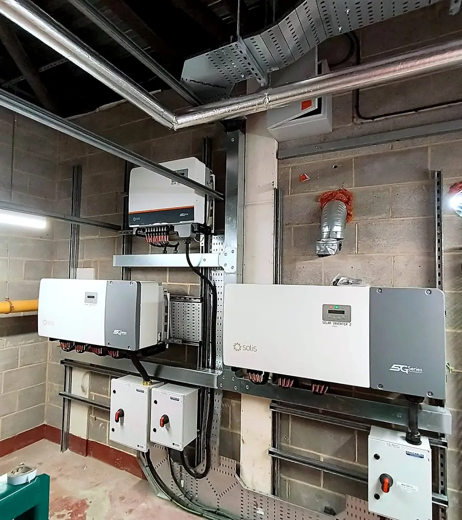 Solis inverters on the inverter wall, with cable tray